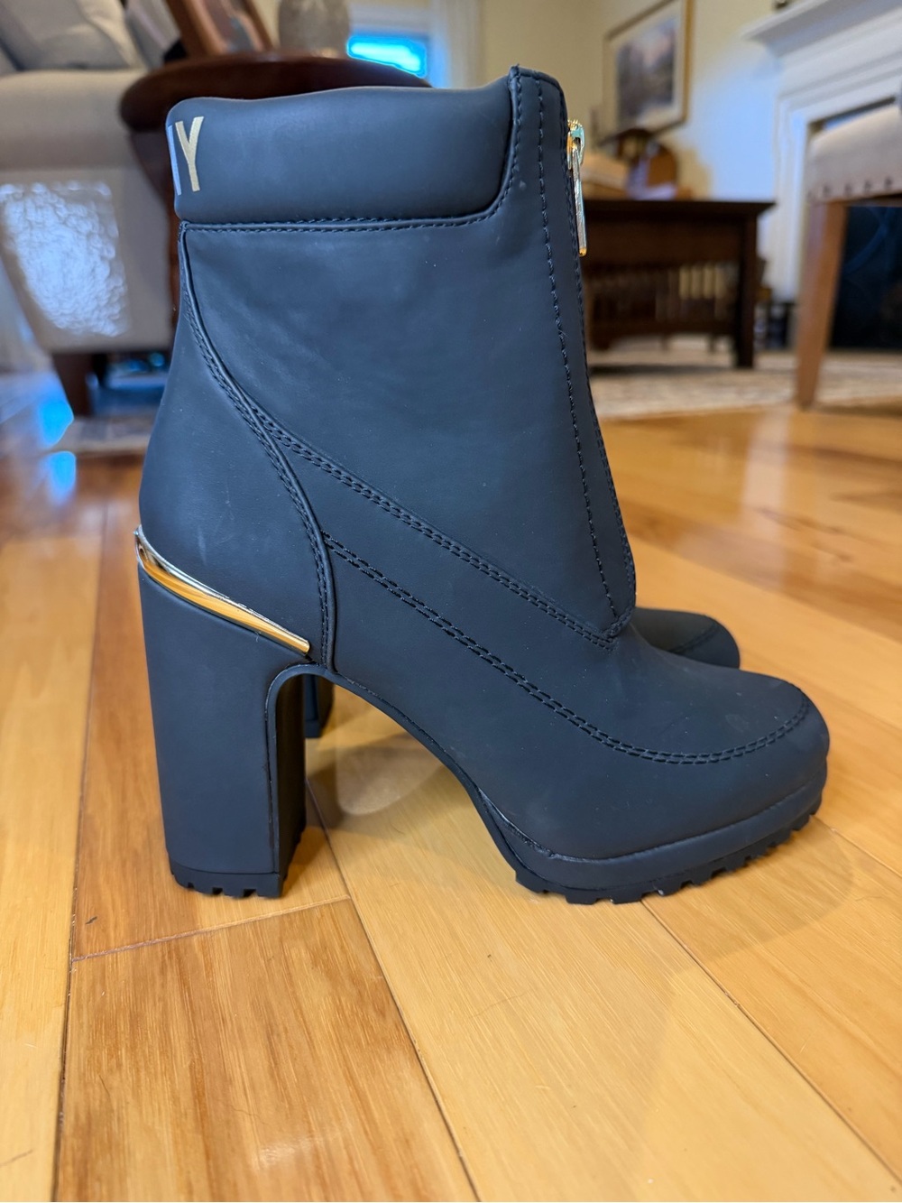 NWOT DKNY Logan Women’s Black Lug Sole Ankle Boots with Gold Accent